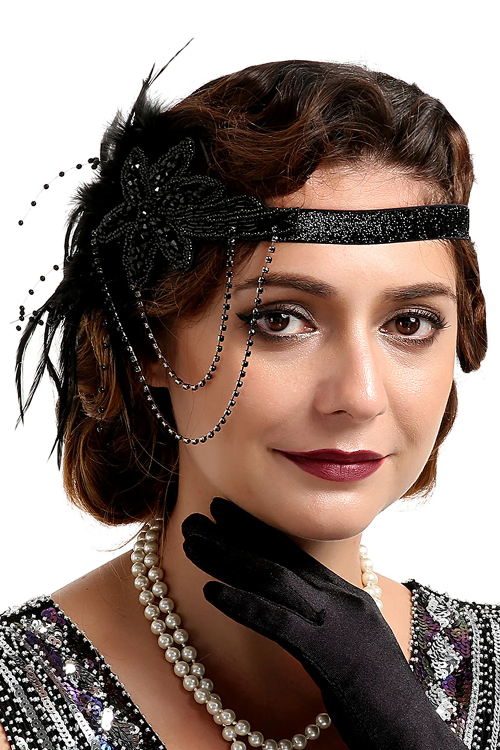 1920s Black Feather Beaded Headband - Image 8