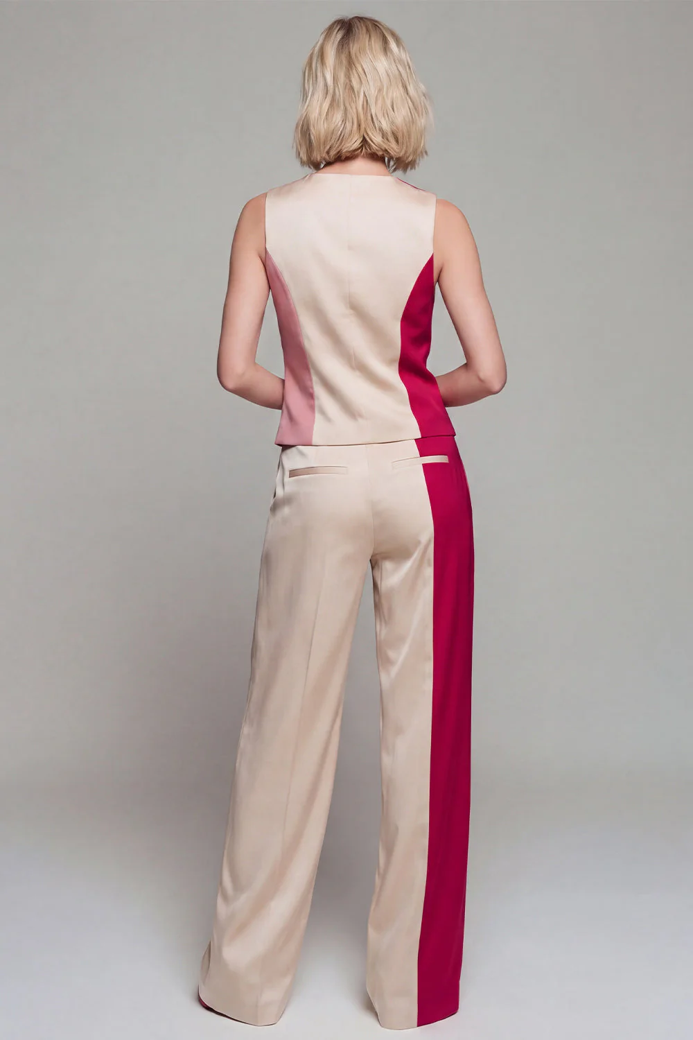 Light Khaki 2 Piece ColorBlock Sleeveless Women Suits - Image 2