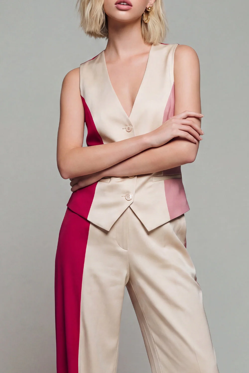 Light Khaki 2 Piece ColorBlock Sleeveless Women Suits - Image 3