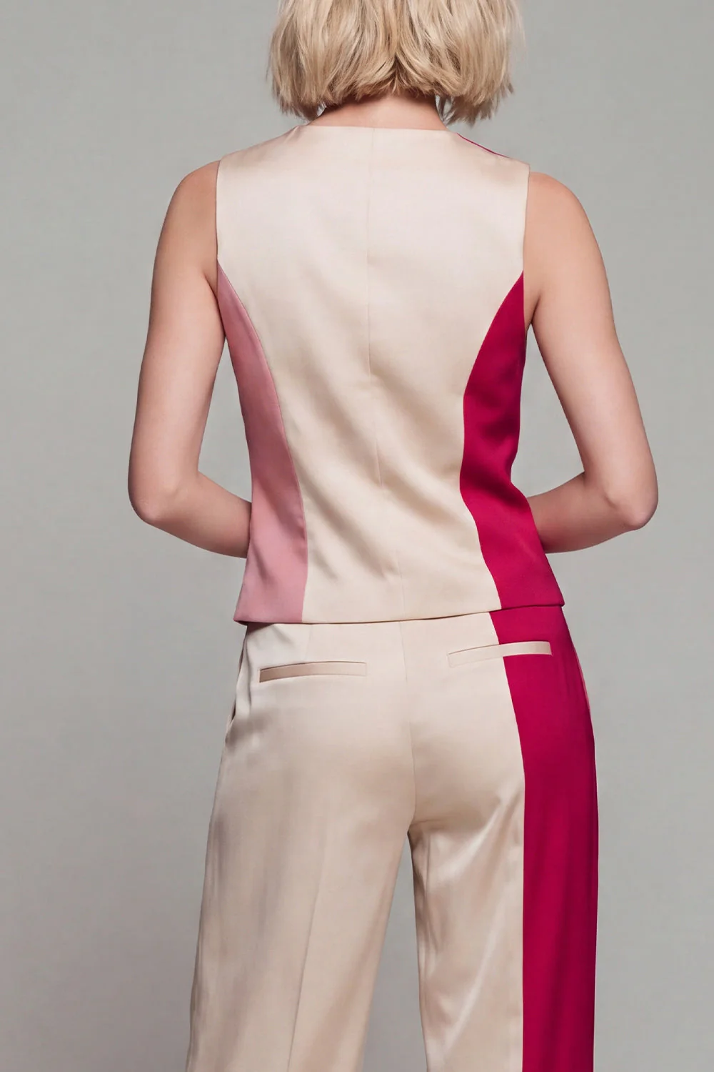 Light Khaki 2 Piece ColorBlock Sleeveless Women Suits - Image 4