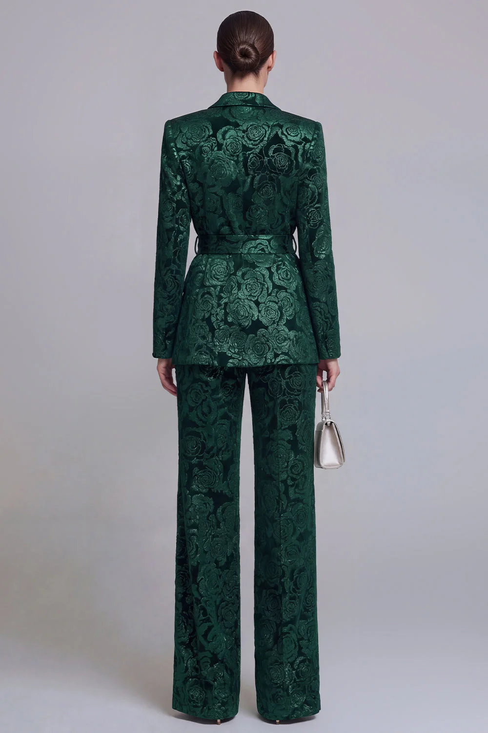 Dark Green 2 Piece Floral Notched Lapel Wide Leg Prom Suits with Belt - Image 2