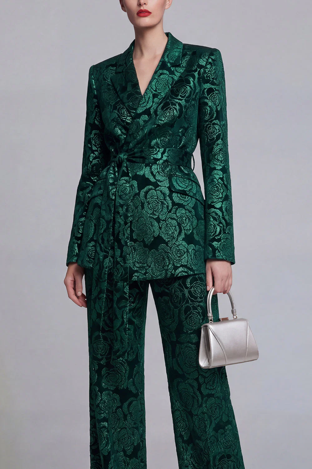 Dark Green 2 Piece Floral Notched Lapel Wide Leg Prom Suits with Belt - Image 3