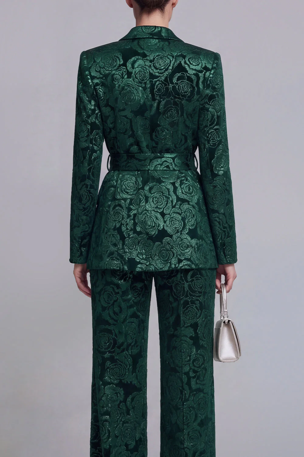Dark Green 2 Piece Floral Notched Lapel Wide Leg Prom Suits with Belt - Image 4