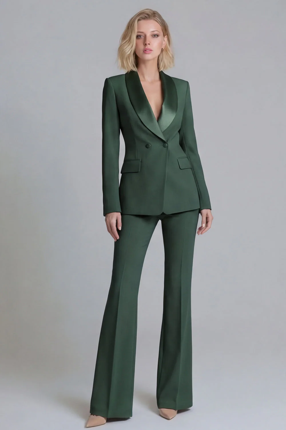 2 Piece Fresh Emerald Shawl Lapel Double Breasted Women's Work Suits - Image 19