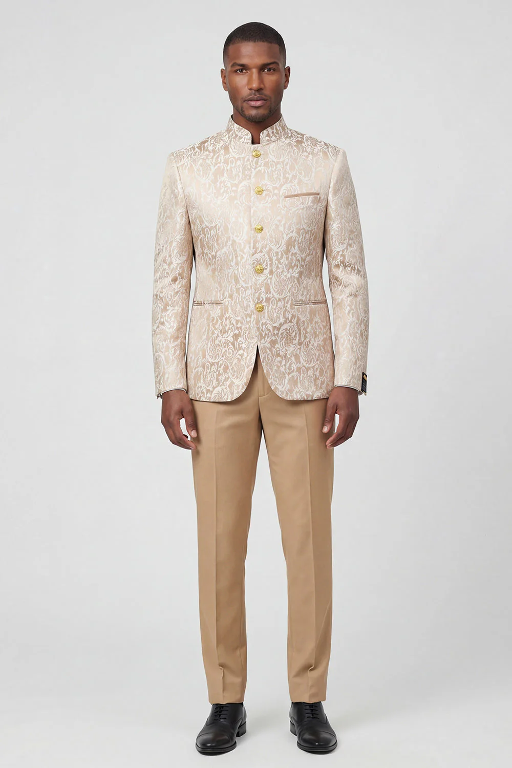 2 Piece Gold Jacquard Single Breasted Men's Suits - Image 2