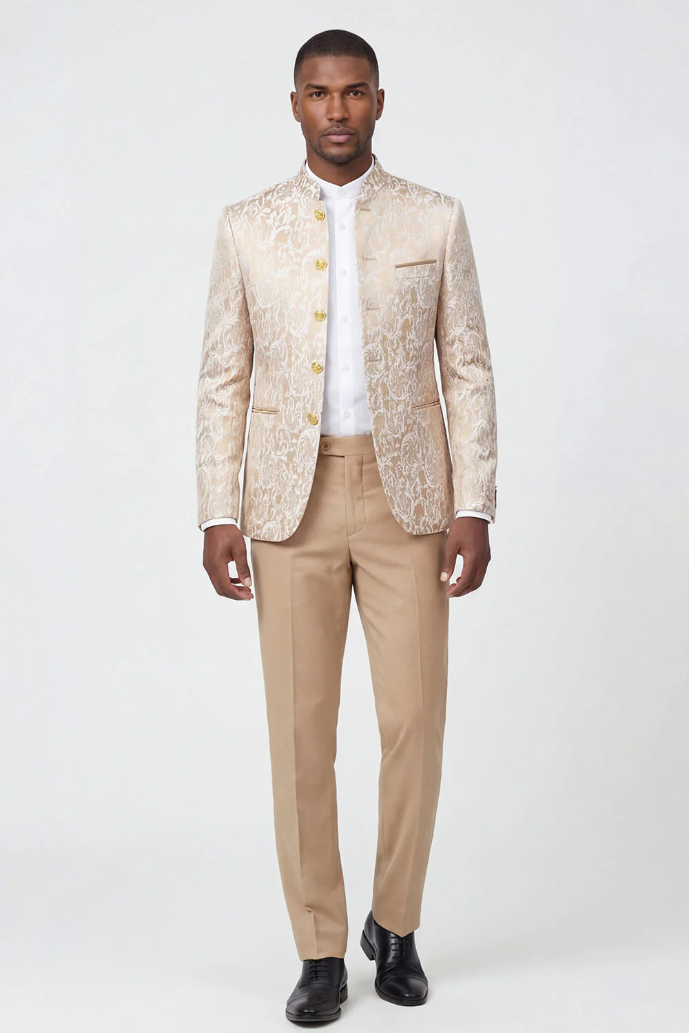 2 Piece Gold Jacquard Single Breasted Men's Suits - Image 3