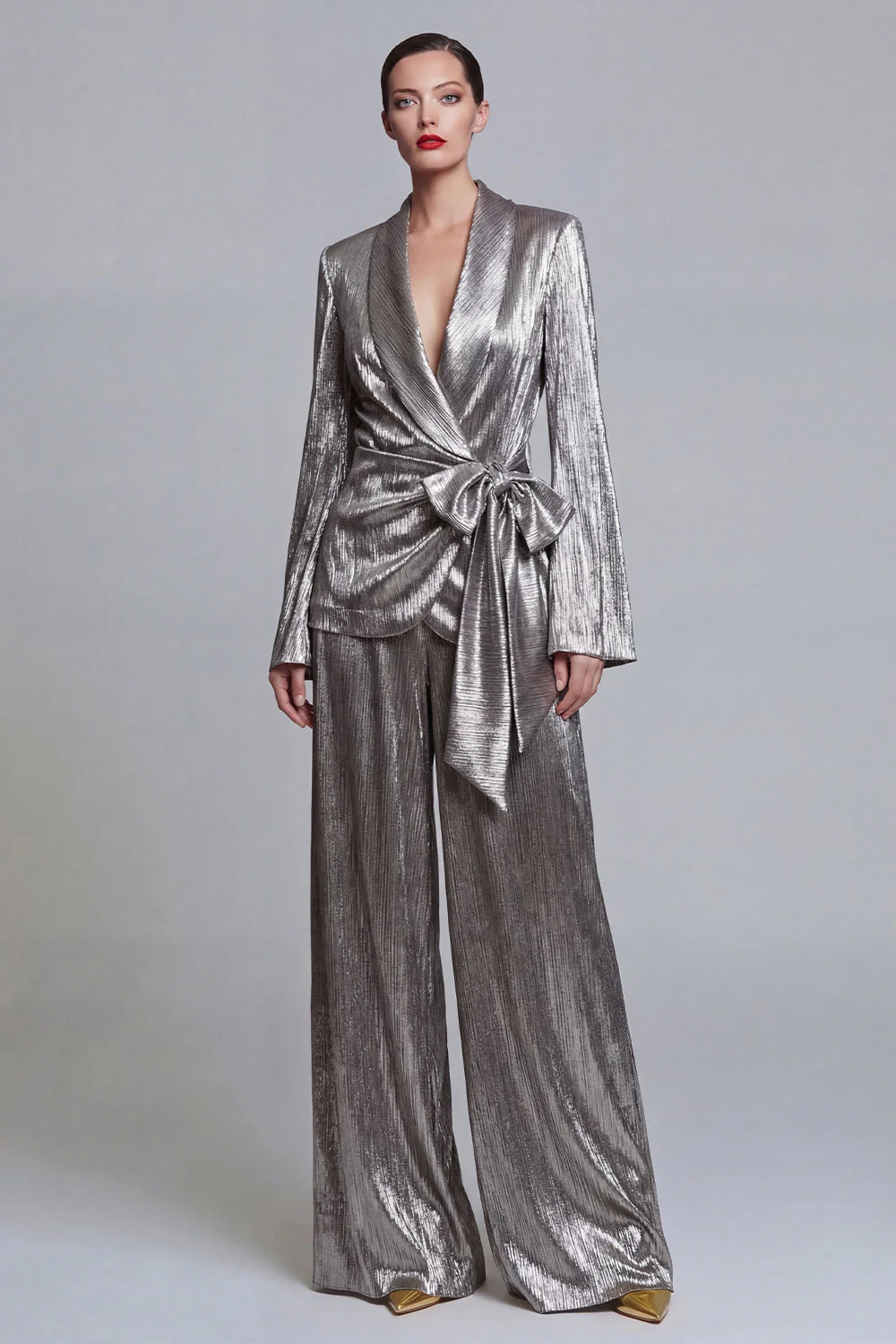 2 Piece Grey Wide Leg Shawl Lapel Prom Suits with Bow
