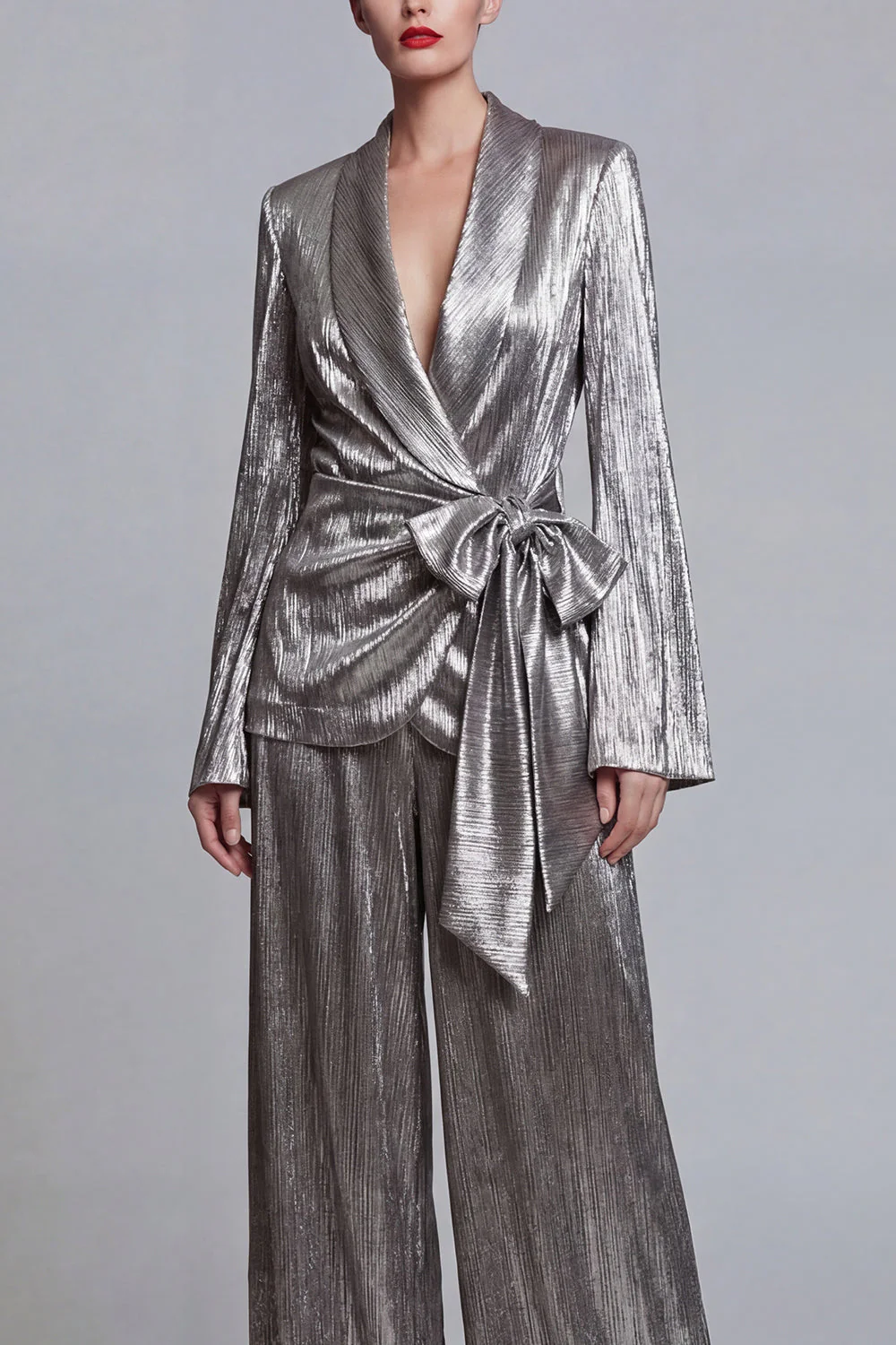 2 Piece Grey Wide Leg Shawl Lapel Prom Suits with Bow - Image 3