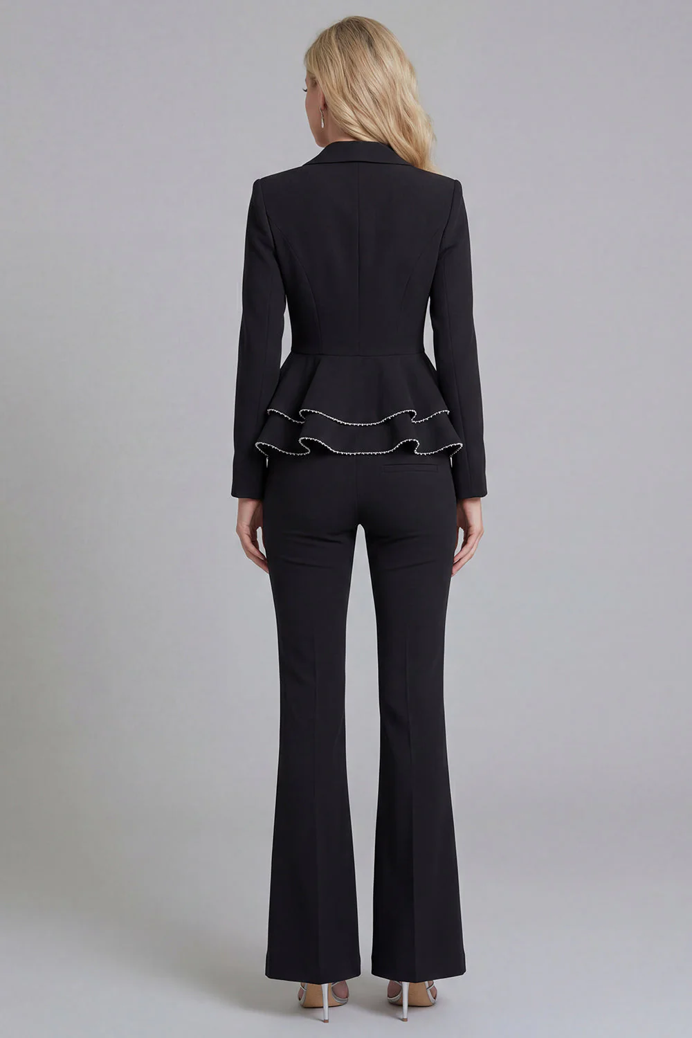 Black 2 Piece Notched Lapel Double Breasted Prom Suits with Ruffles - Image 2