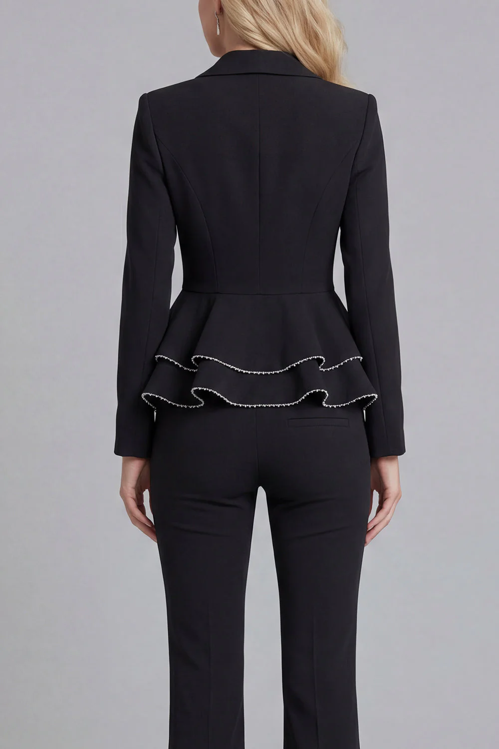 Black 2 Piece Notched Lapel Double Breasted Prom Suits with Ruffles - Image 4