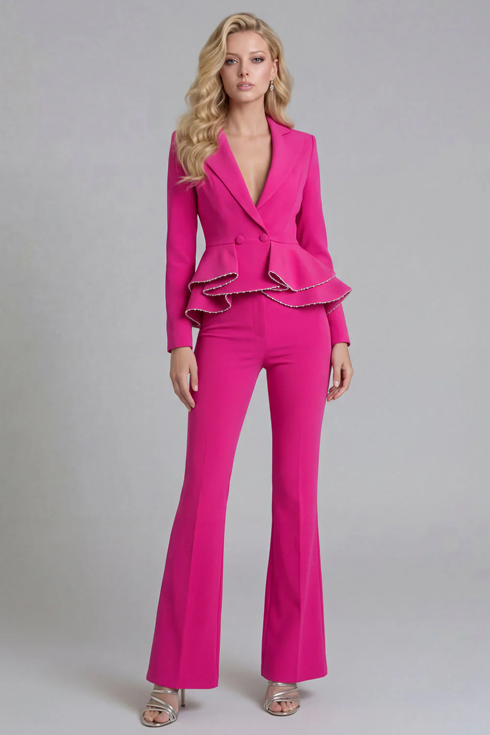 Black 2 Piece Notched Lapel Double Breasted Prom Suits with Ruffles - Image 5