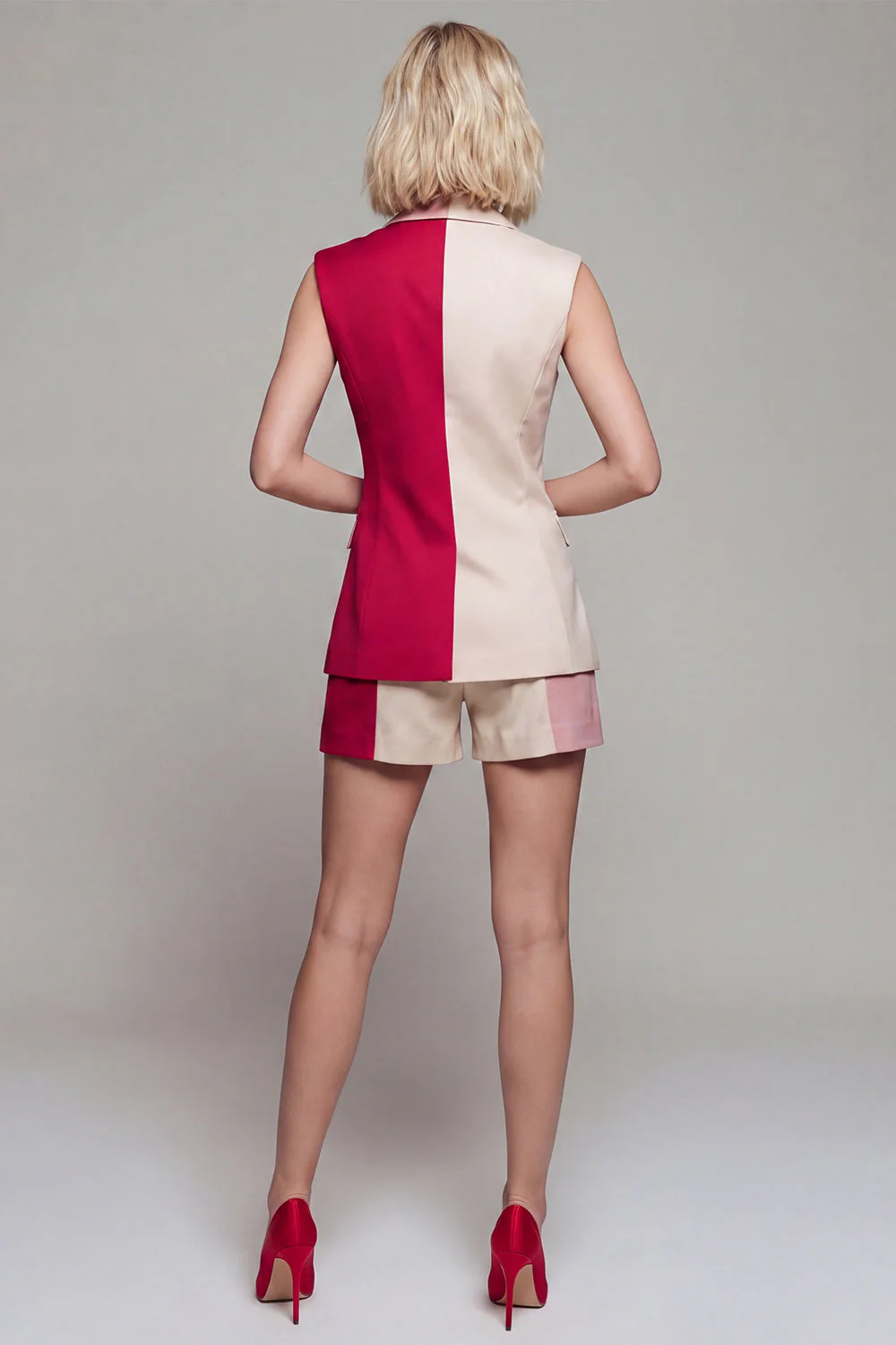 2 Piece Light Khaki Peaked Lapel ColorBlock Women Suits - Image 2