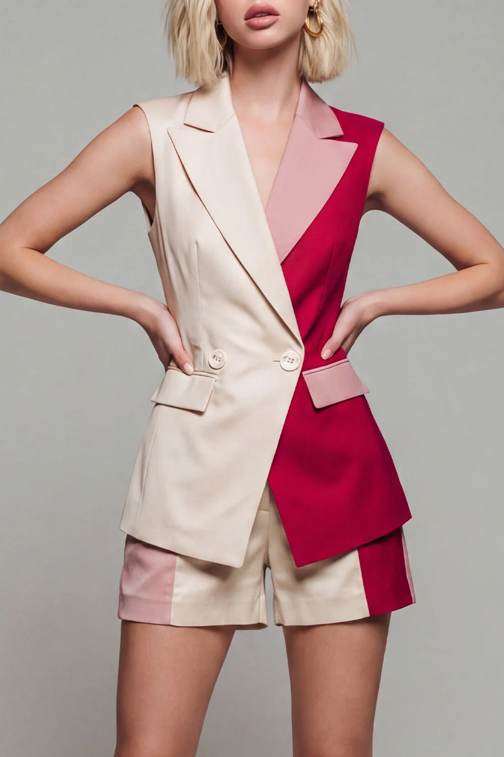 2 Piece Light Khaki Peaked Lapel ColorBlock Women Suits - Image 3