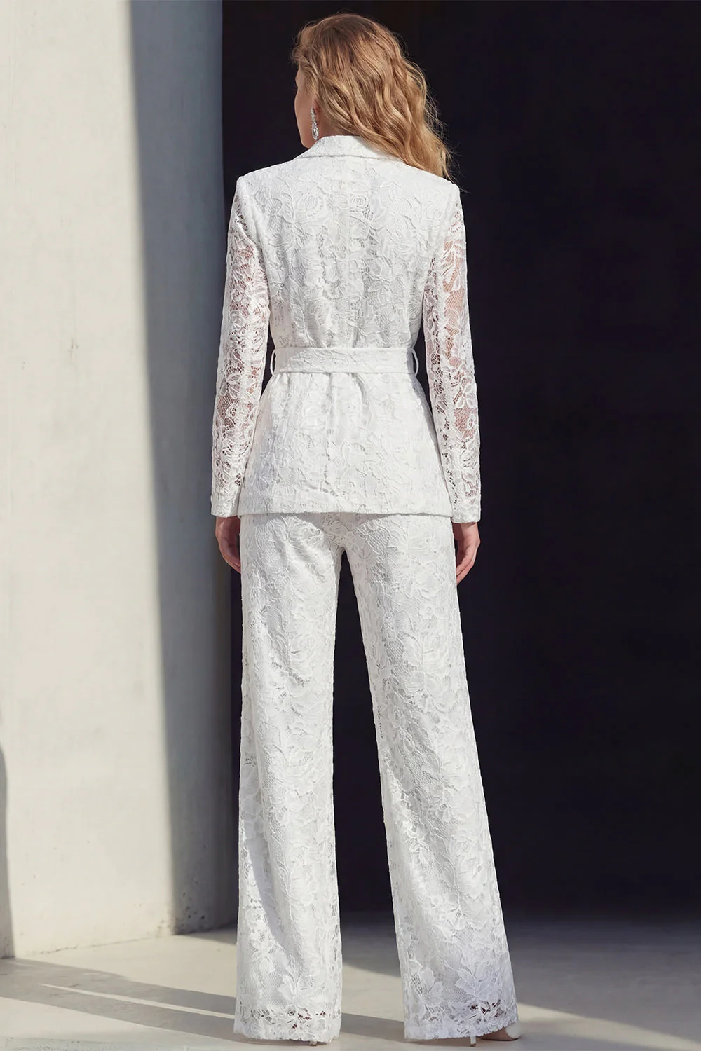 2 Piece White Lace Notched Lapel Wide Leg Prom Suits with Belt - Image 2
