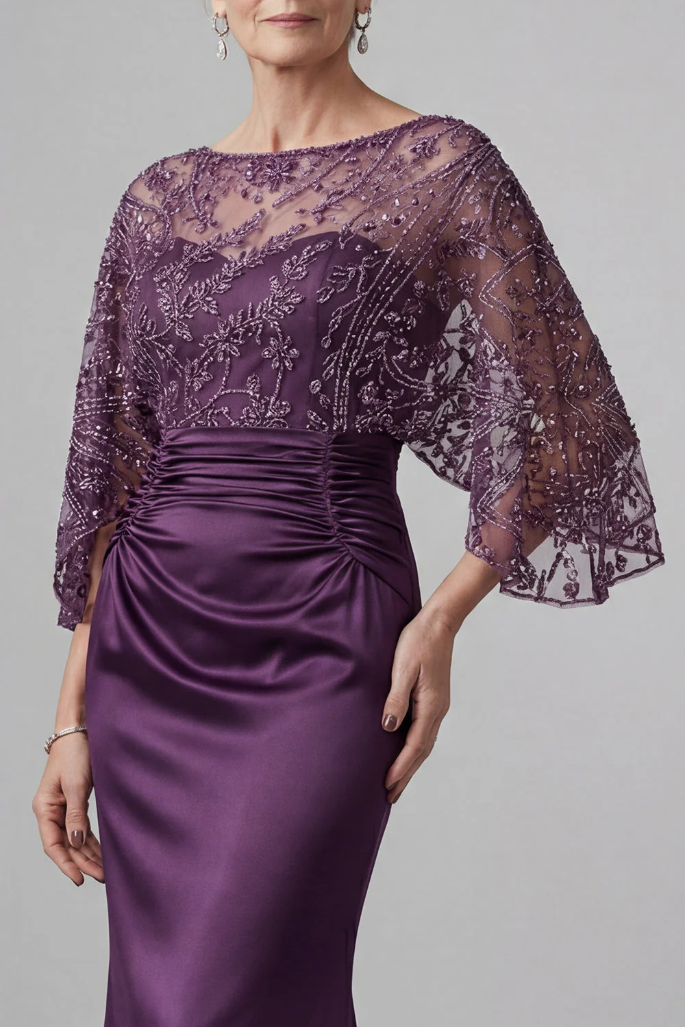 Dark Purple Mermaid 3/4 Sleeves Long Mother of the Bride Dress - Image 3