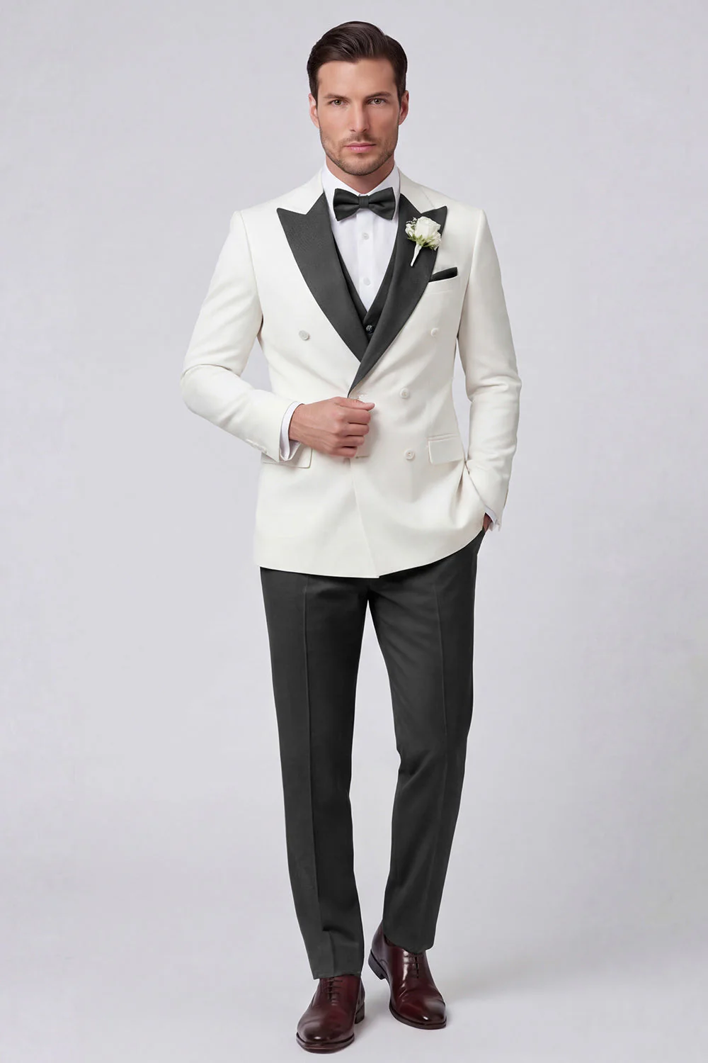 Black 3 Piece Double Breasted Peak Lapel Men's Prom Suits