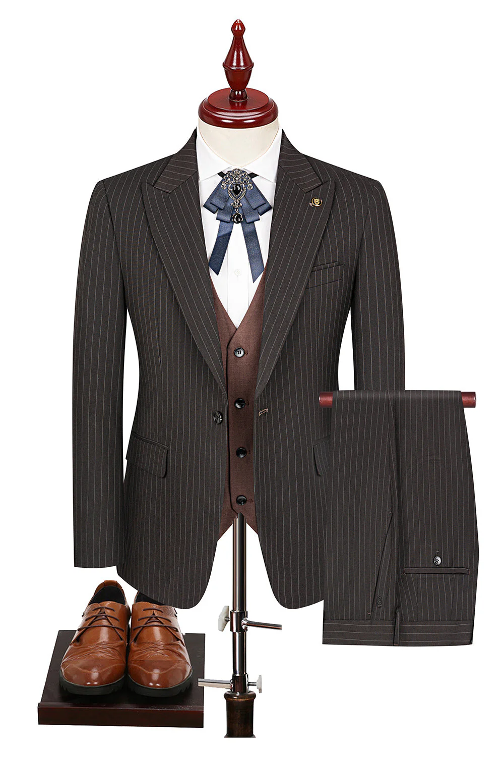 3 Piece Blue Peak Lapel One Button Men's Prom Suits - Image 10