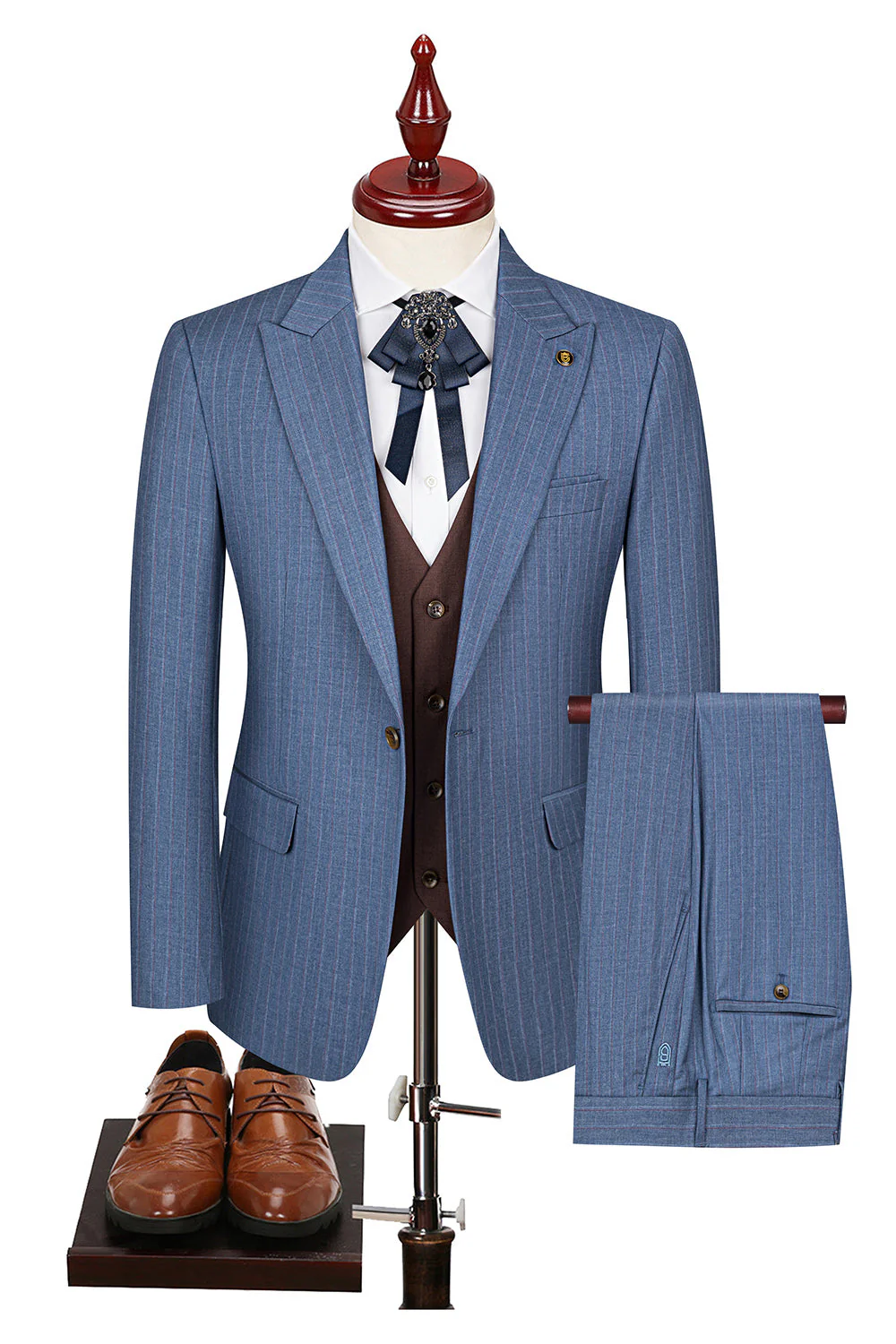 3 Piece Blue Peak Lapel One Button Men's Prom Suits - Image 14