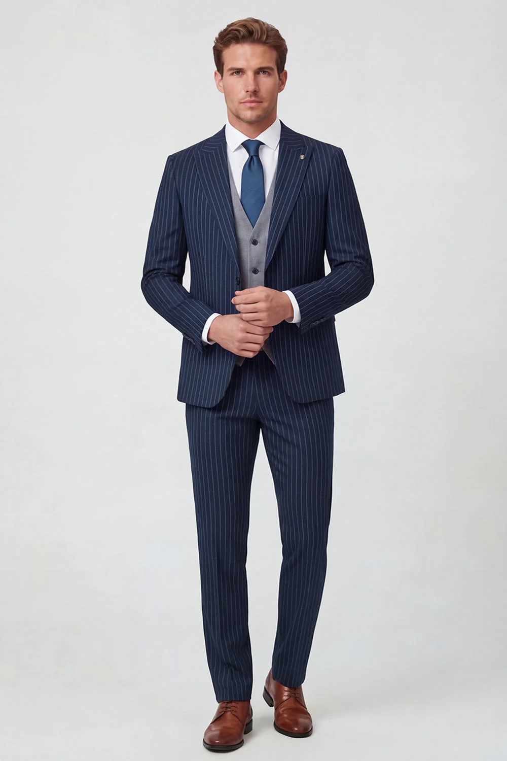 3 Piece Blue Peak Lapel One Button Men's Prom Suits - Image 2