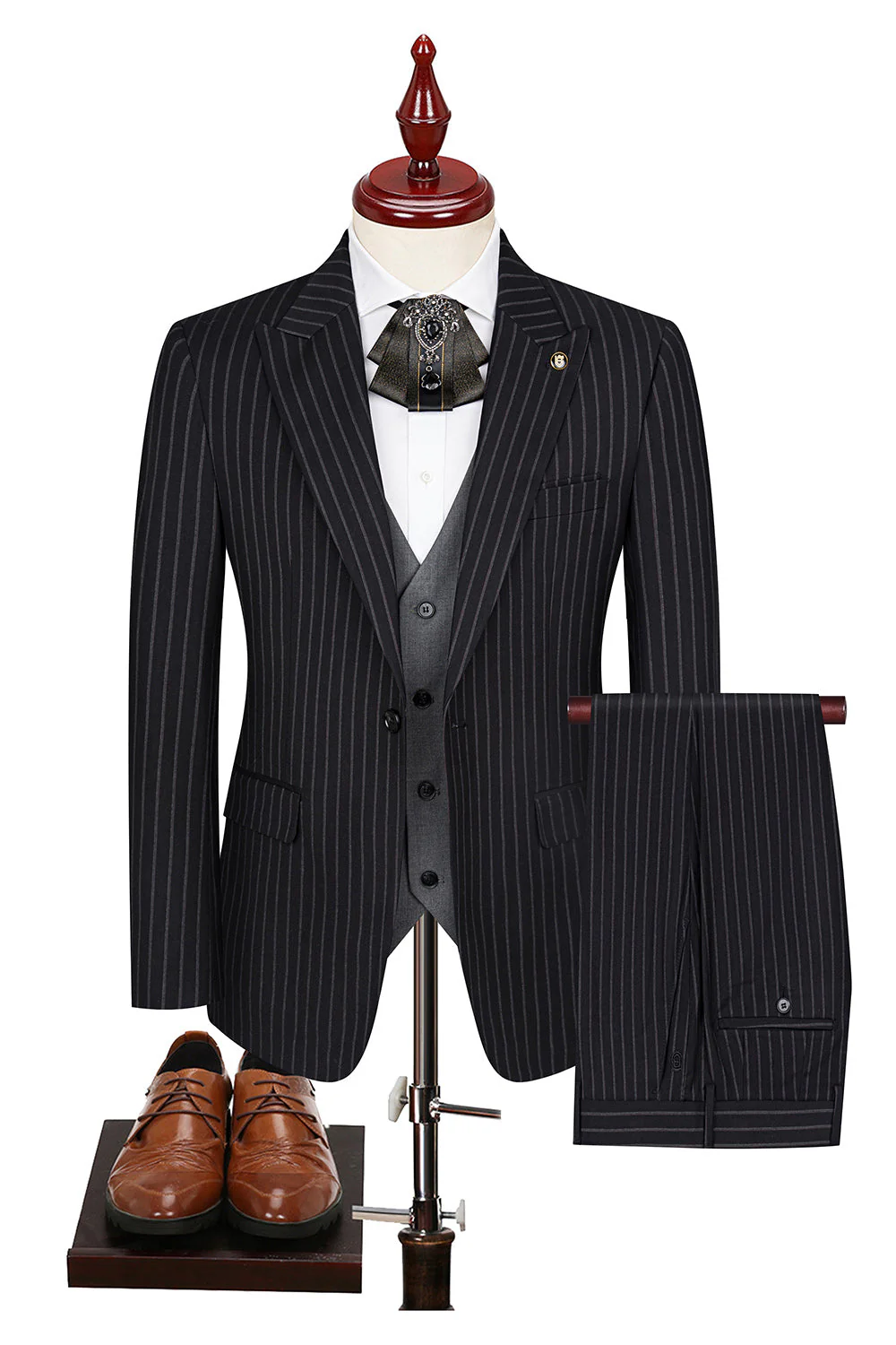 3 Piece Blue Peak Lapel One Button Men's Prom Suits - Image 6
