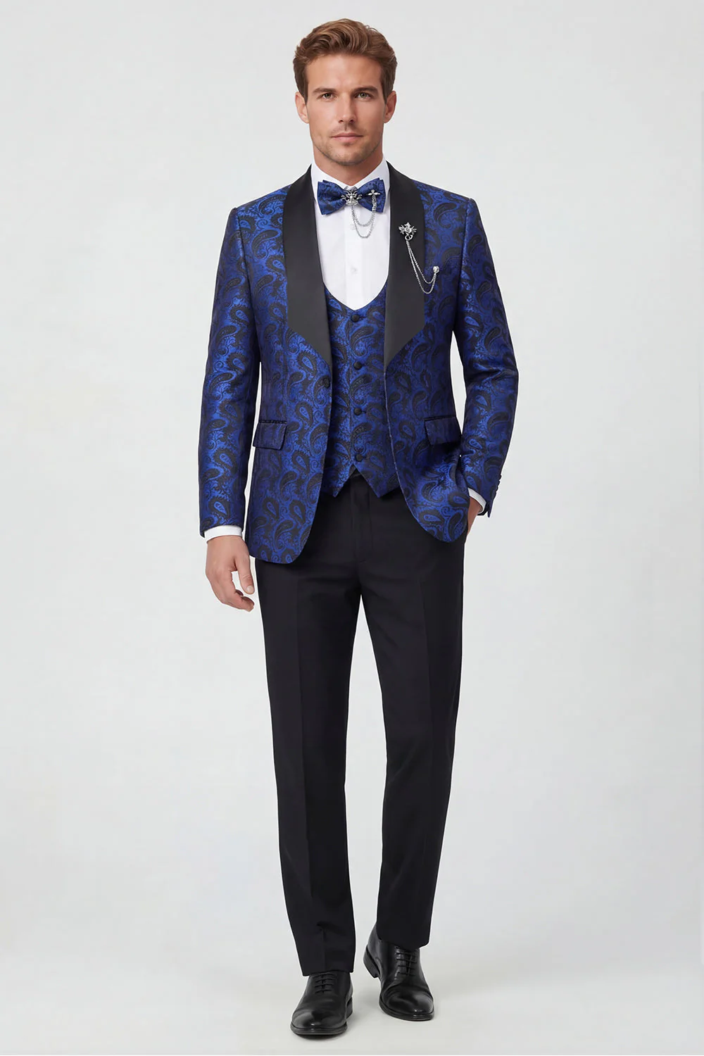 3 Piece Blue Shawl Lapel Jacquard Men's Prom Suits - Image 2
