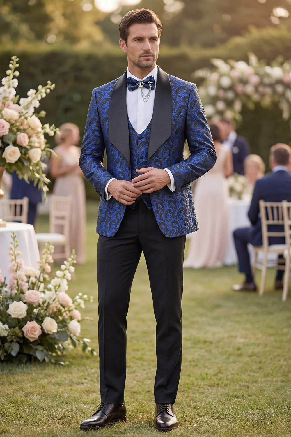 3 Piece Blue Shawl Lapel Jacquard Men's Prom Suits - Image 3