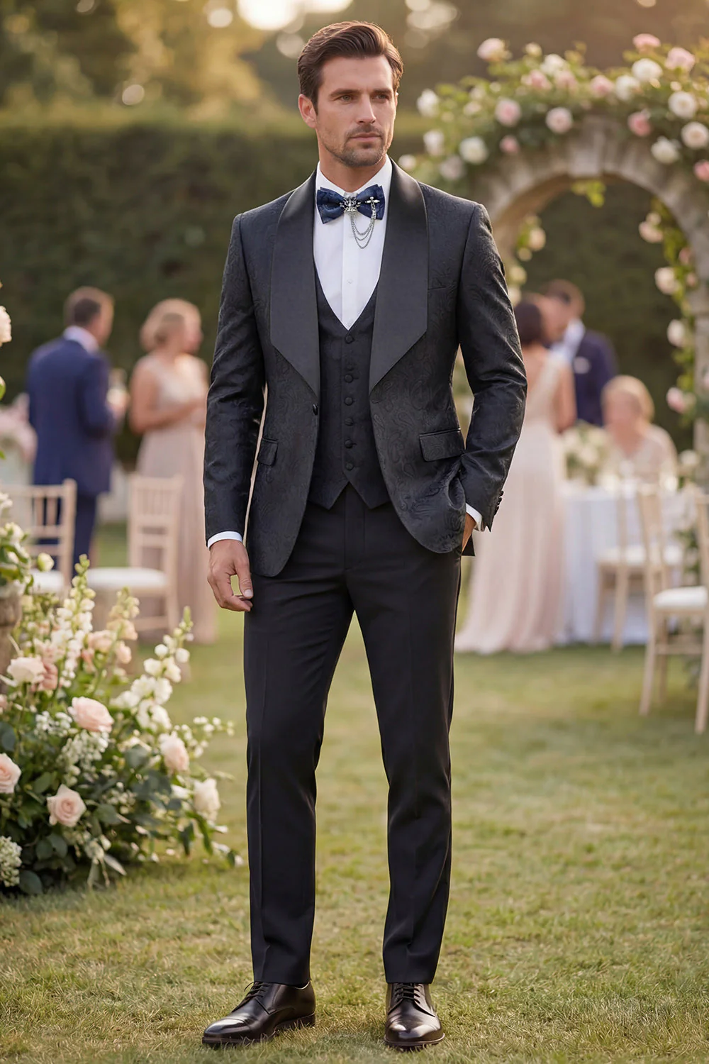 3 Piece Blue Shawl Lapel Jacquard Men's Prom Suits - Image 6