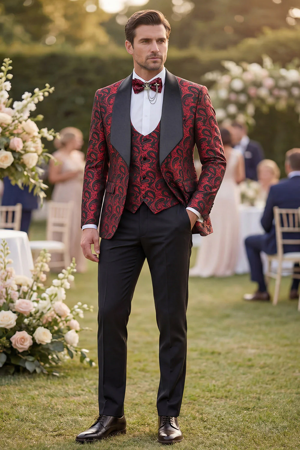 3 Piece Blue Shawl Lapel Jacquard Men's Prom Suits - Image 9