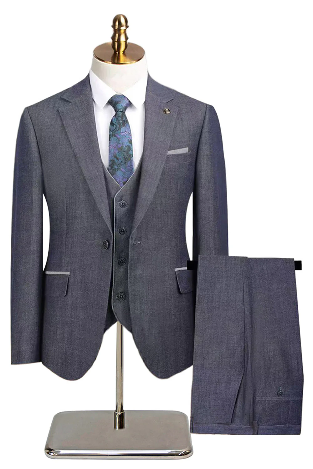 3 Piece Notched Lapel One Button Men's Navy Suits - Image 12