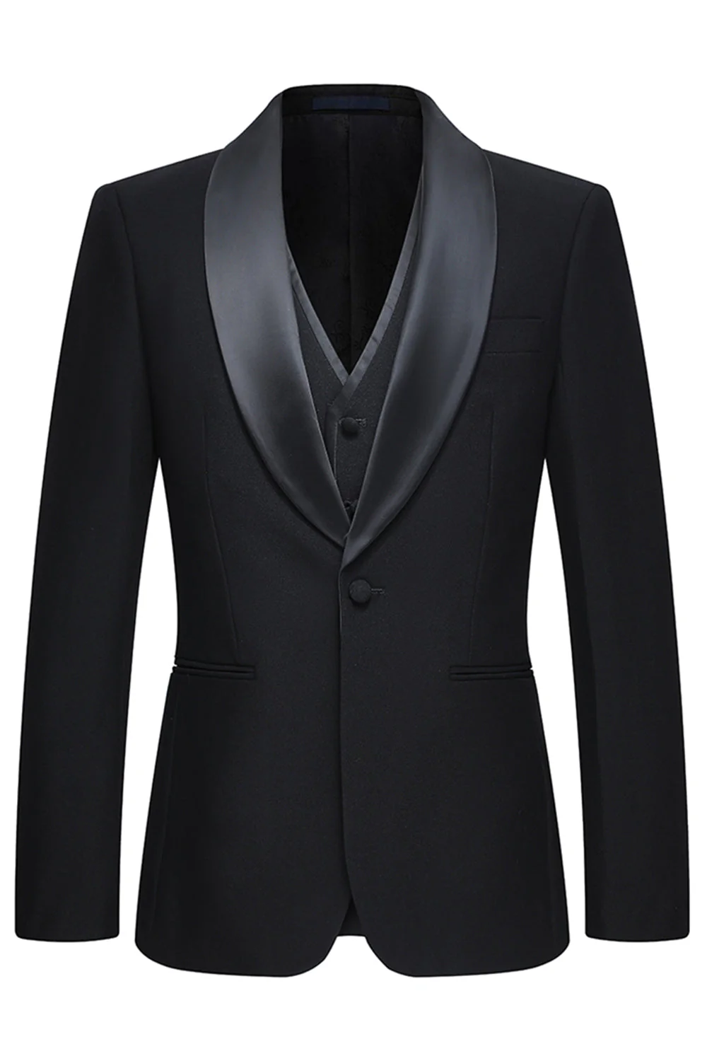 3 Piece Shawl Lapel One Button Black Men's Suits - Image 2