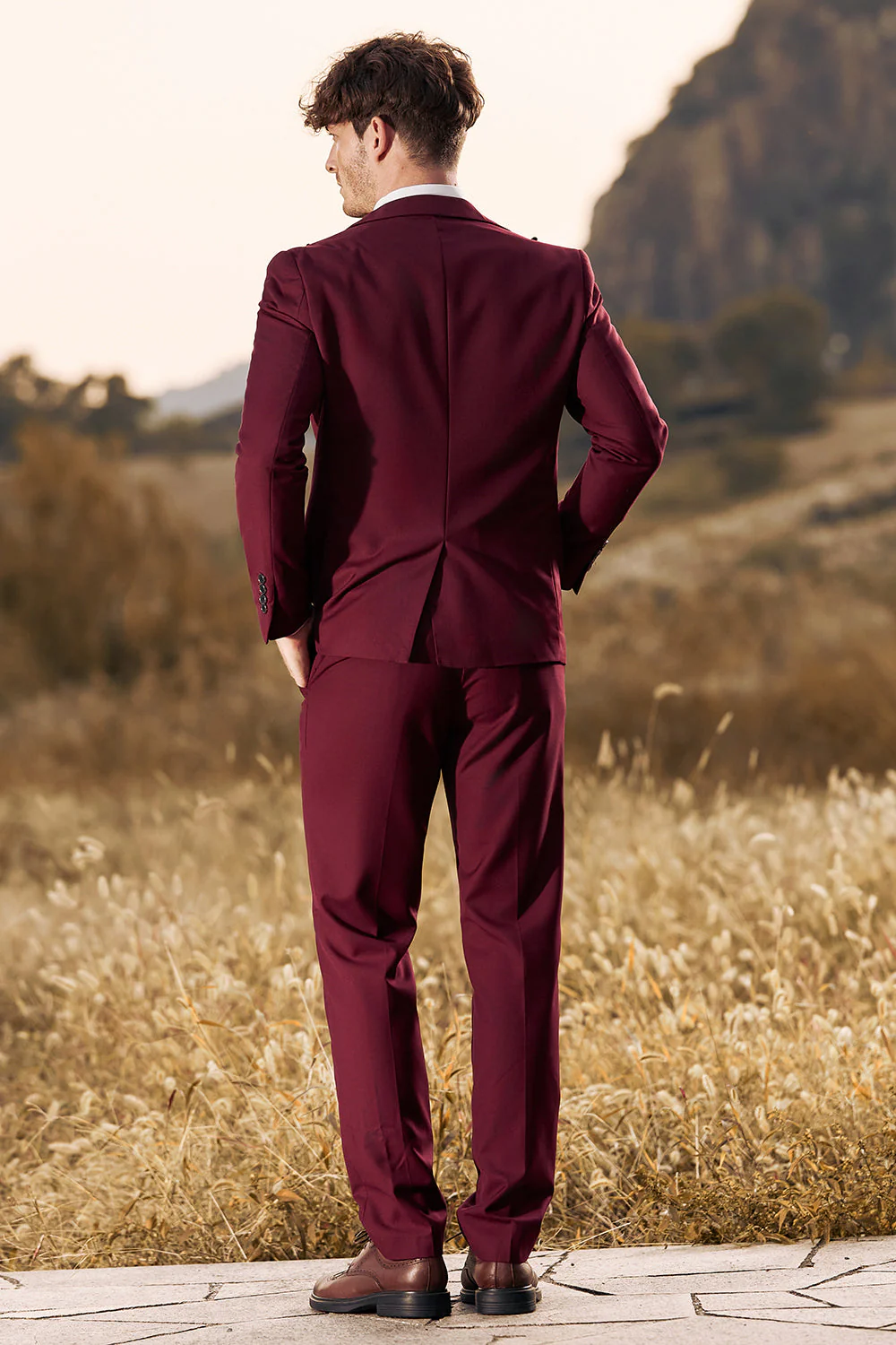 3 Pieces Peak Lapel Burgundy Men's Prom Suits - Image 2
