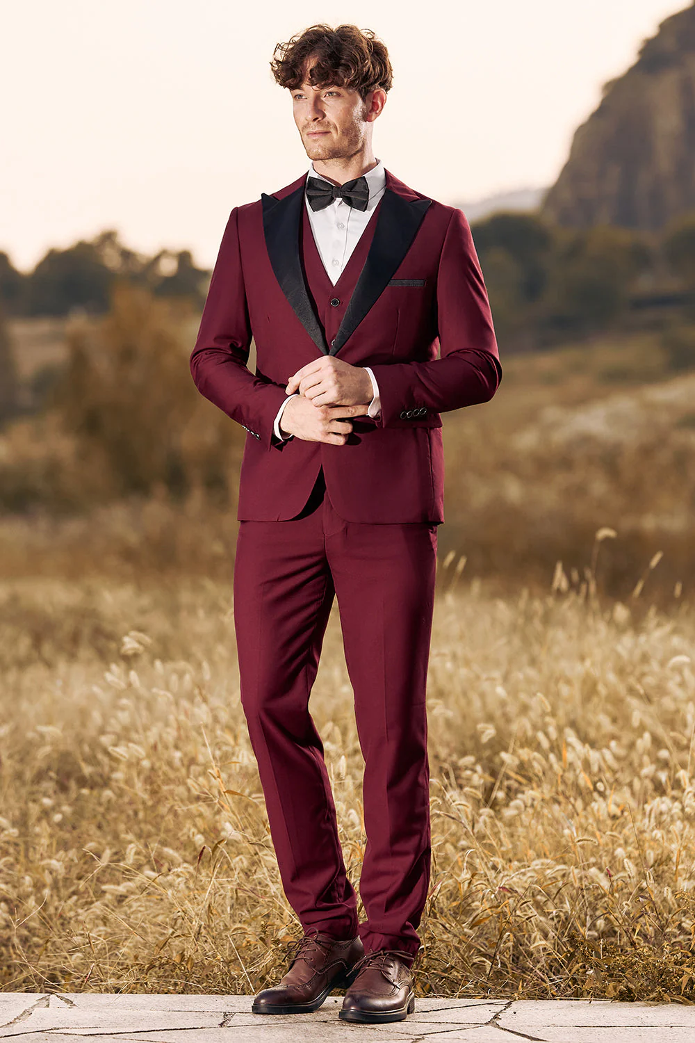3 Pieces Peak Lapel Burgundy Men's Prom Suits - Image 6