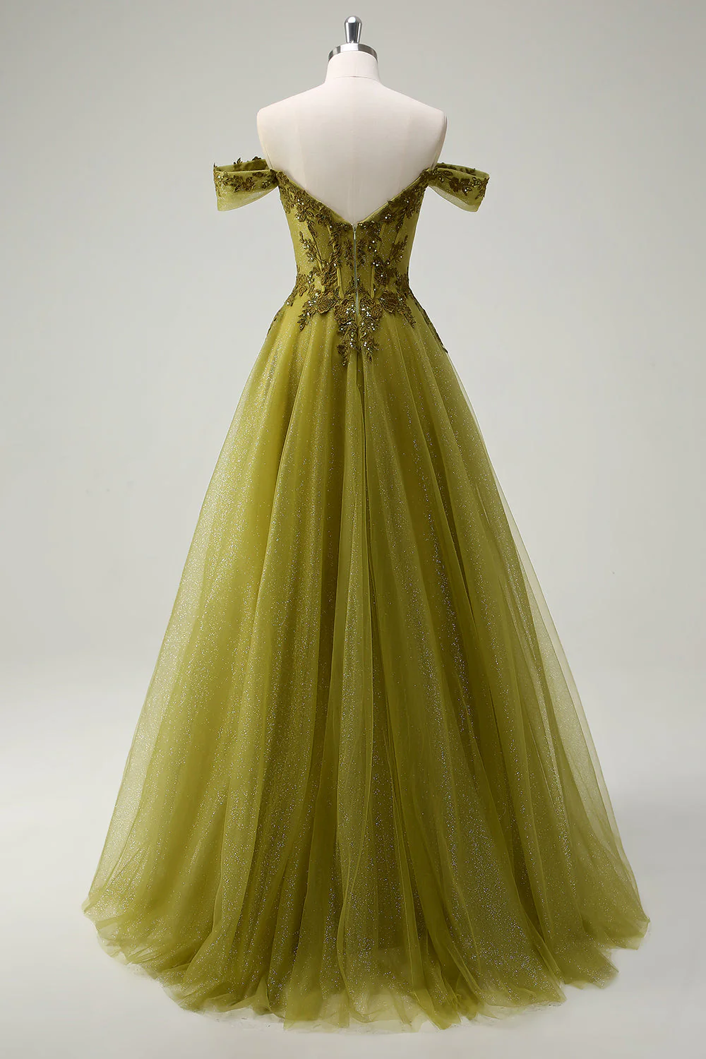 A-Line Army Green Off The Shoulder Long Prom Dress with Slit - Image 2