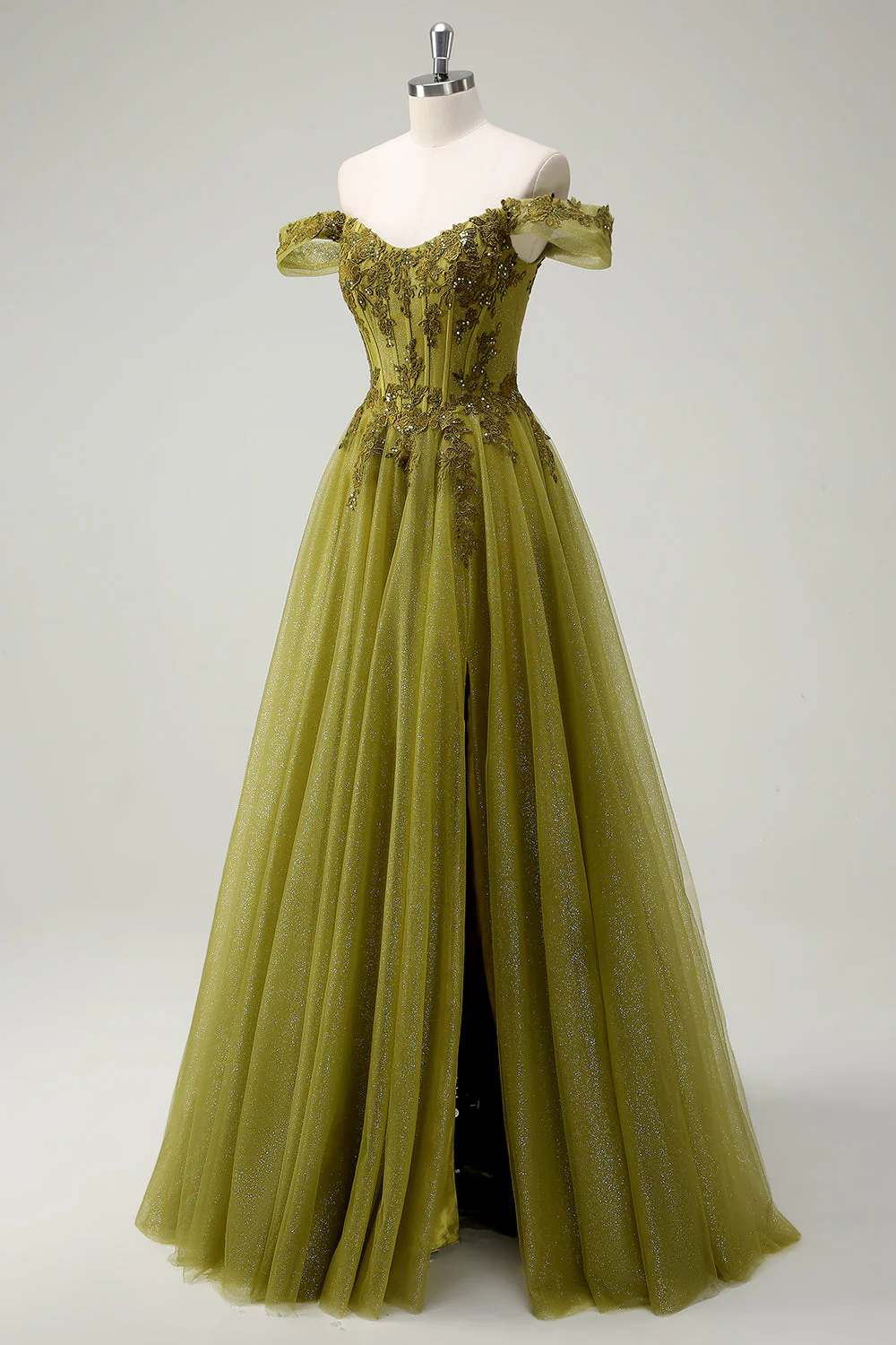 A-Line Army Green Off The Shoulder Long Prom Dress with Slit - Image 3
