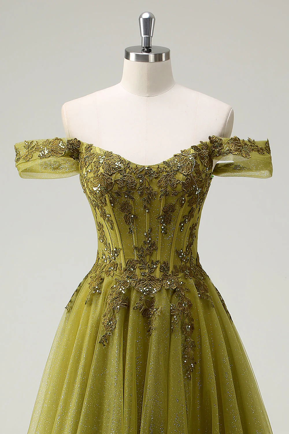 A-Line Army Green Off The Shoulder Long Prom Dress with Slit - Image 4
