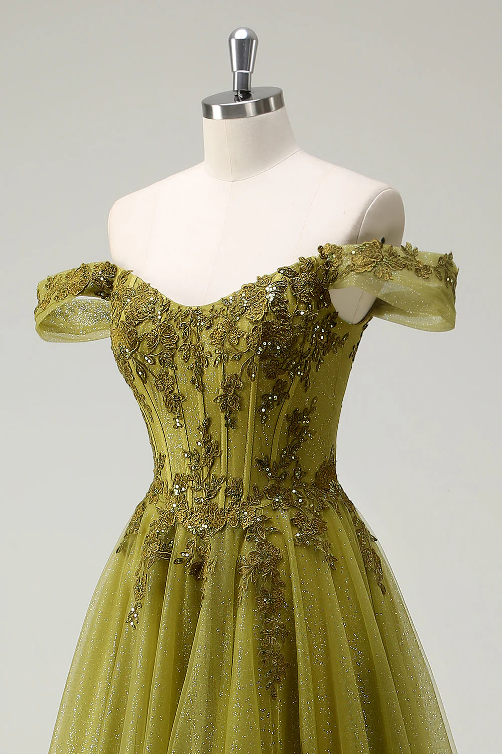 A-Line Army Green Off The Shoulder Long Prom Dress with Slit - Image 6