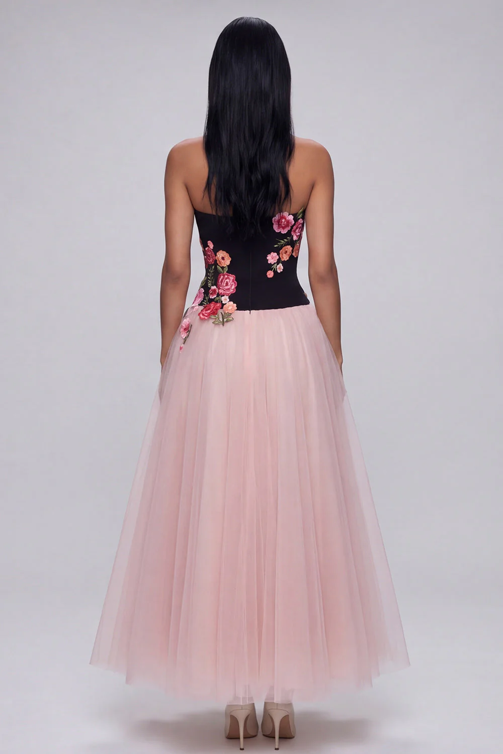 A-Line Black and Pink Strapless Tulle Long Floral Dress - Image 2