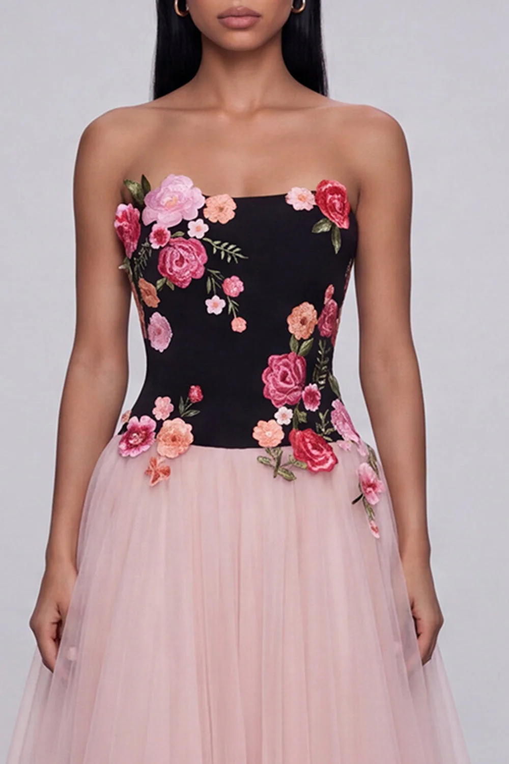 A-Line Black and Pink Strapless Tulle Long Floral Dress - Image 3