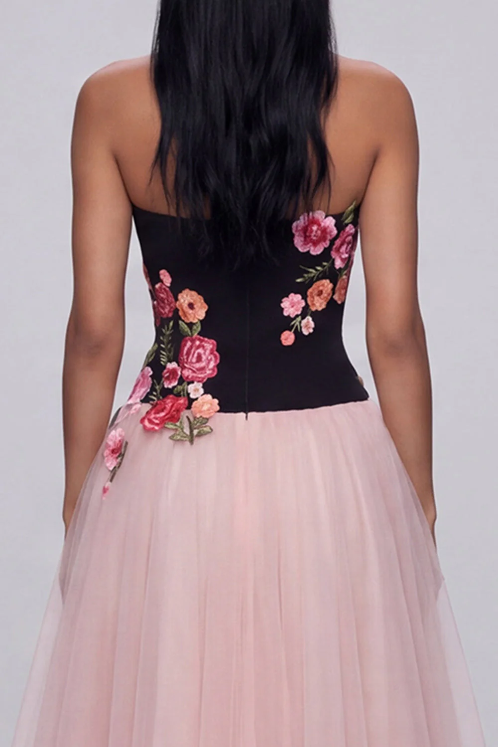 A-Line Black and Pink Strapless Tulle Long Floral Dress - Image 4