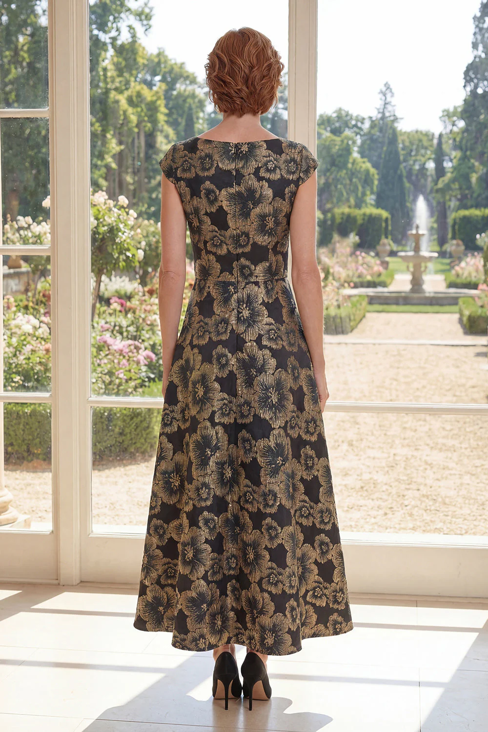 Black Floral A Line Bateau Neck Jacquard Long Mother Of the Bride Dress - Image 2