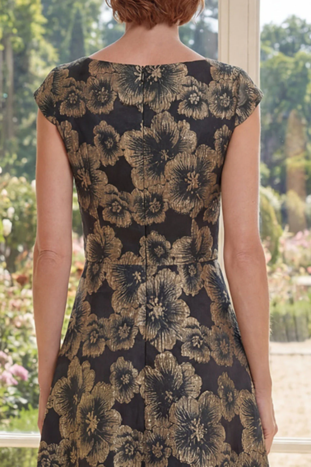 Black Floral A Line Bateau Neck Jacquard Long Mother Of the Bride Dress - Image 4