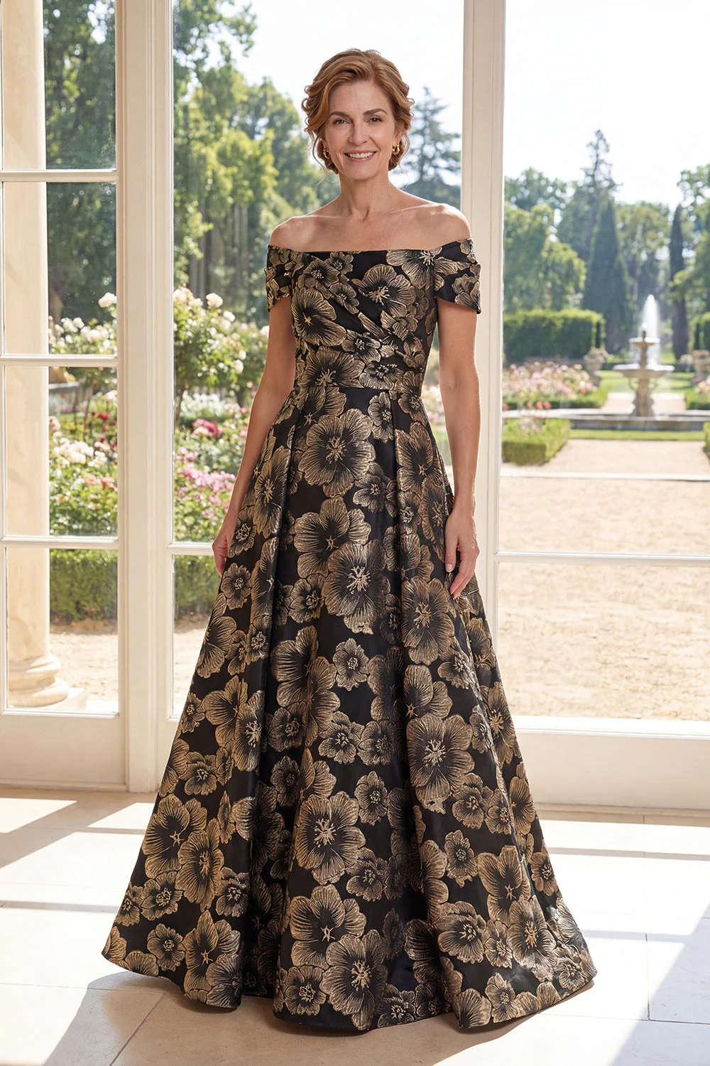 A Line Black Off the Shoulder Jacquard Floral Long Mother Of the Bride Dress