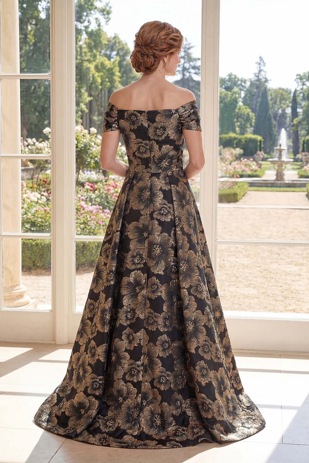 A Line Black Off the Shoulder Jacquard Floral Long Mother Of the Bride Dress - Image 2