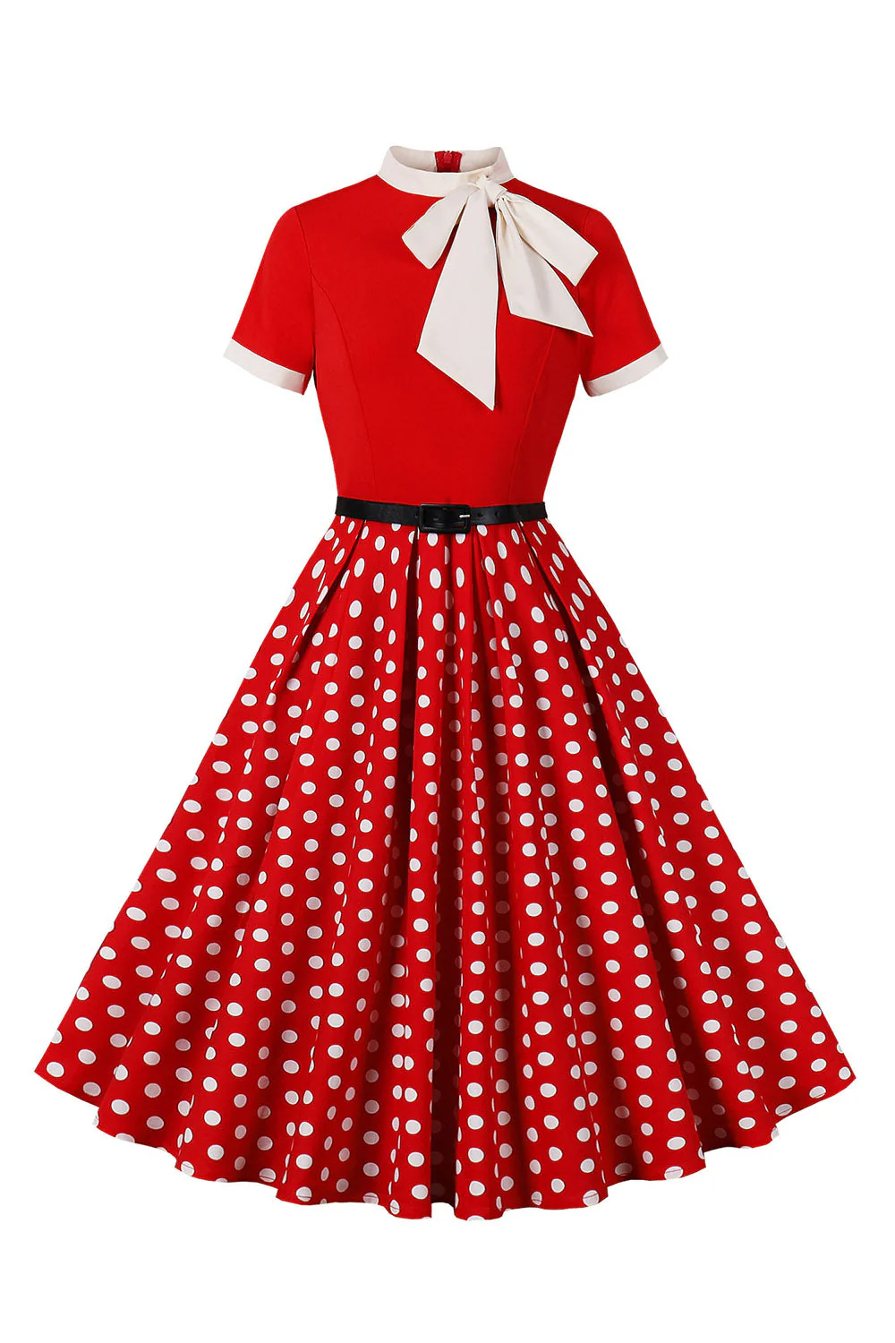 A Line Black Polka Dots Short Sleeves 1950s Dress with Belt - Image 4