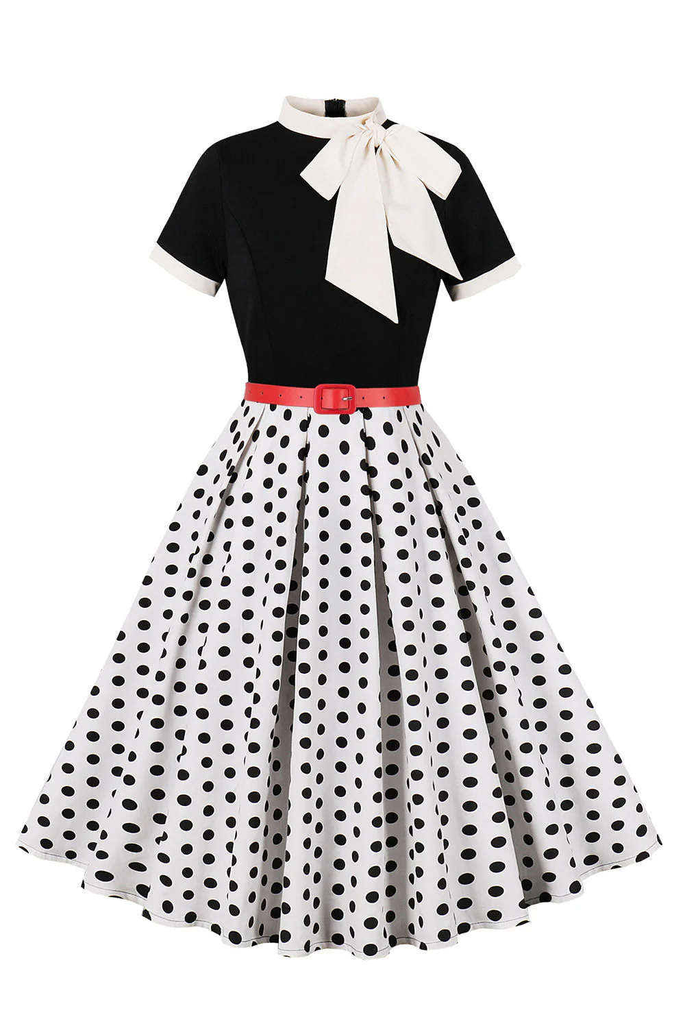 A Line Black Polka Dots Short Sleeves 1950s Dress with Belt - Image 7