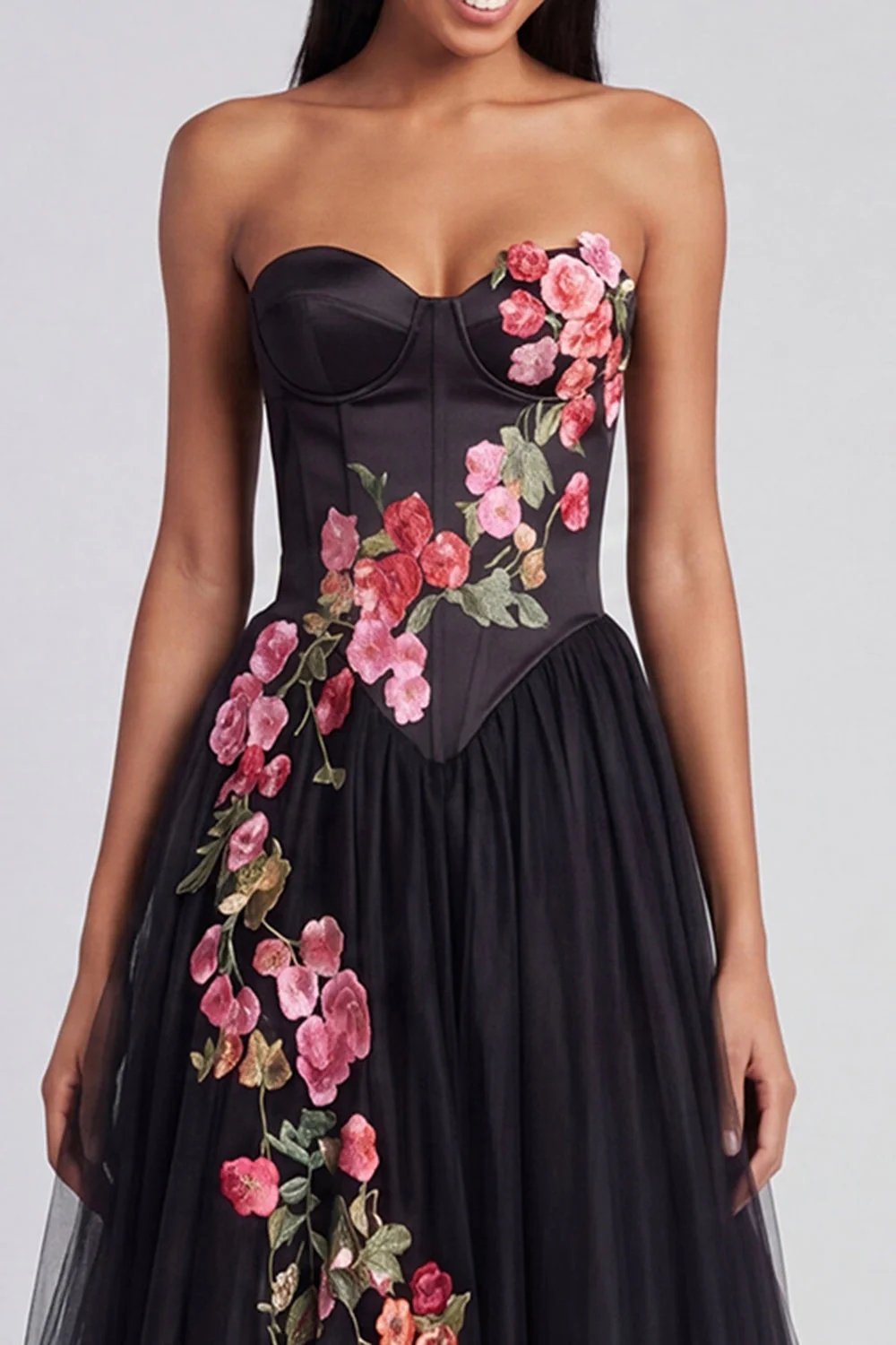 A-Line Black Sweetheart Tulle Floral Long Formal Dress - Image 3