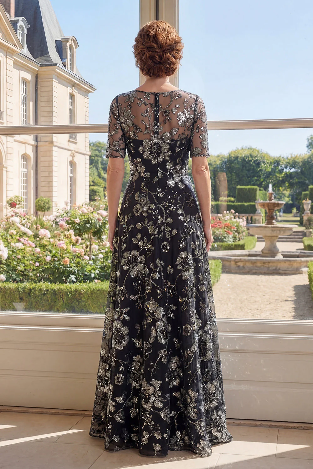 A-Line Black Floral Bateau Neck Sequins Mother Of the Bride Dress - Image 2