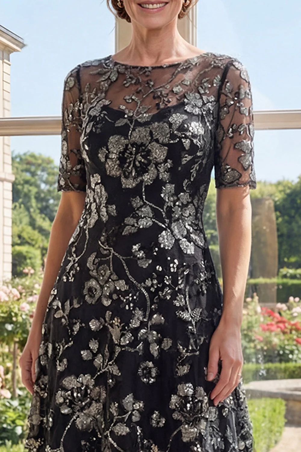 A-Line Black Floral Bateau Neck Sequins Mother Of the Bride Dress - Image 3