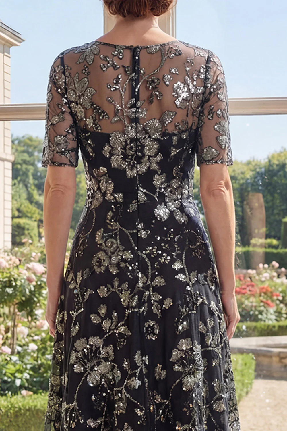 A-Line Black Floral Bateau Neck Sequins Mother Of the Bride Dress - Image 4