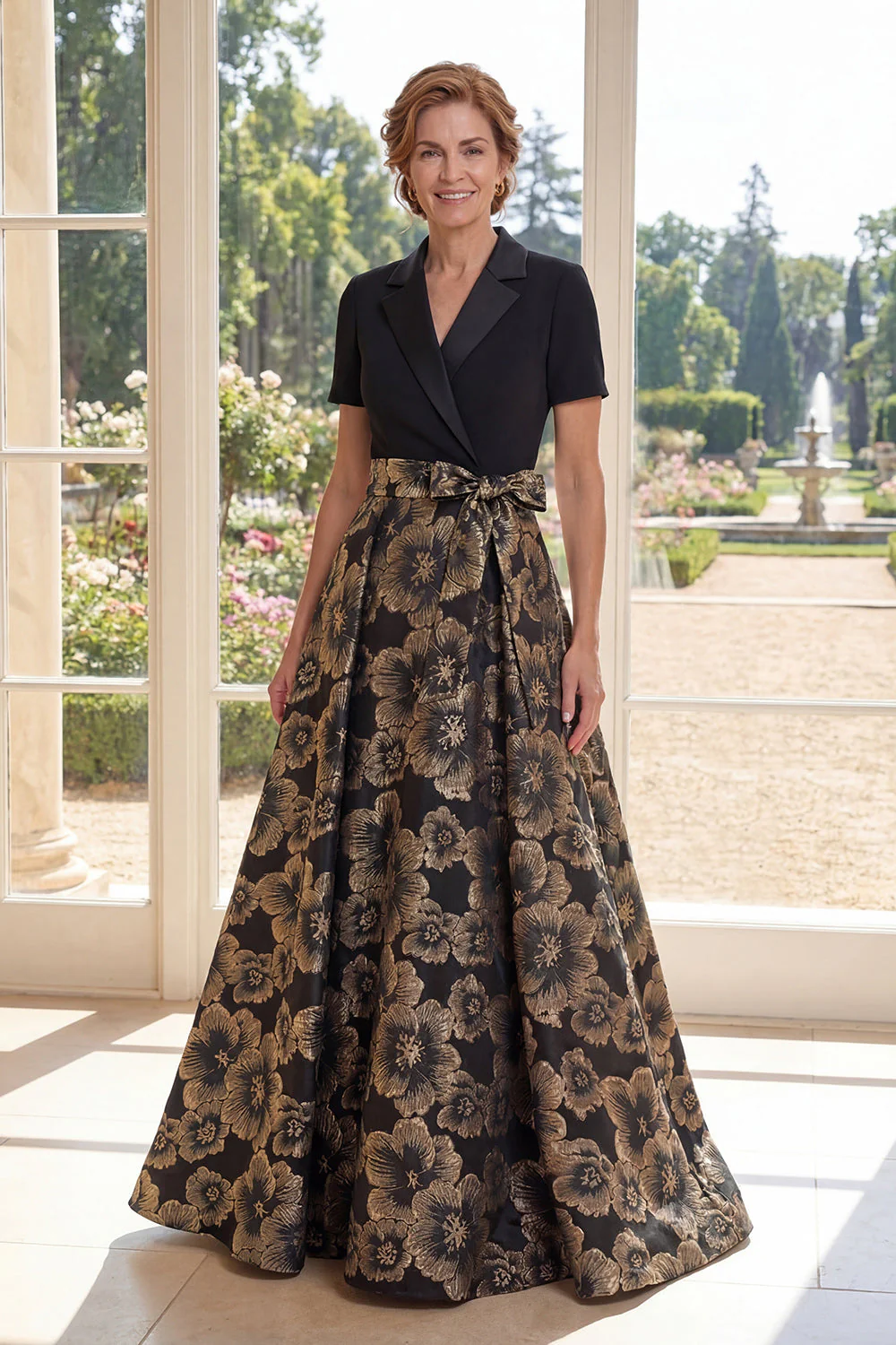Black A Line Jacquard V-Neck Long Mother Of the Bride Dress with Bow